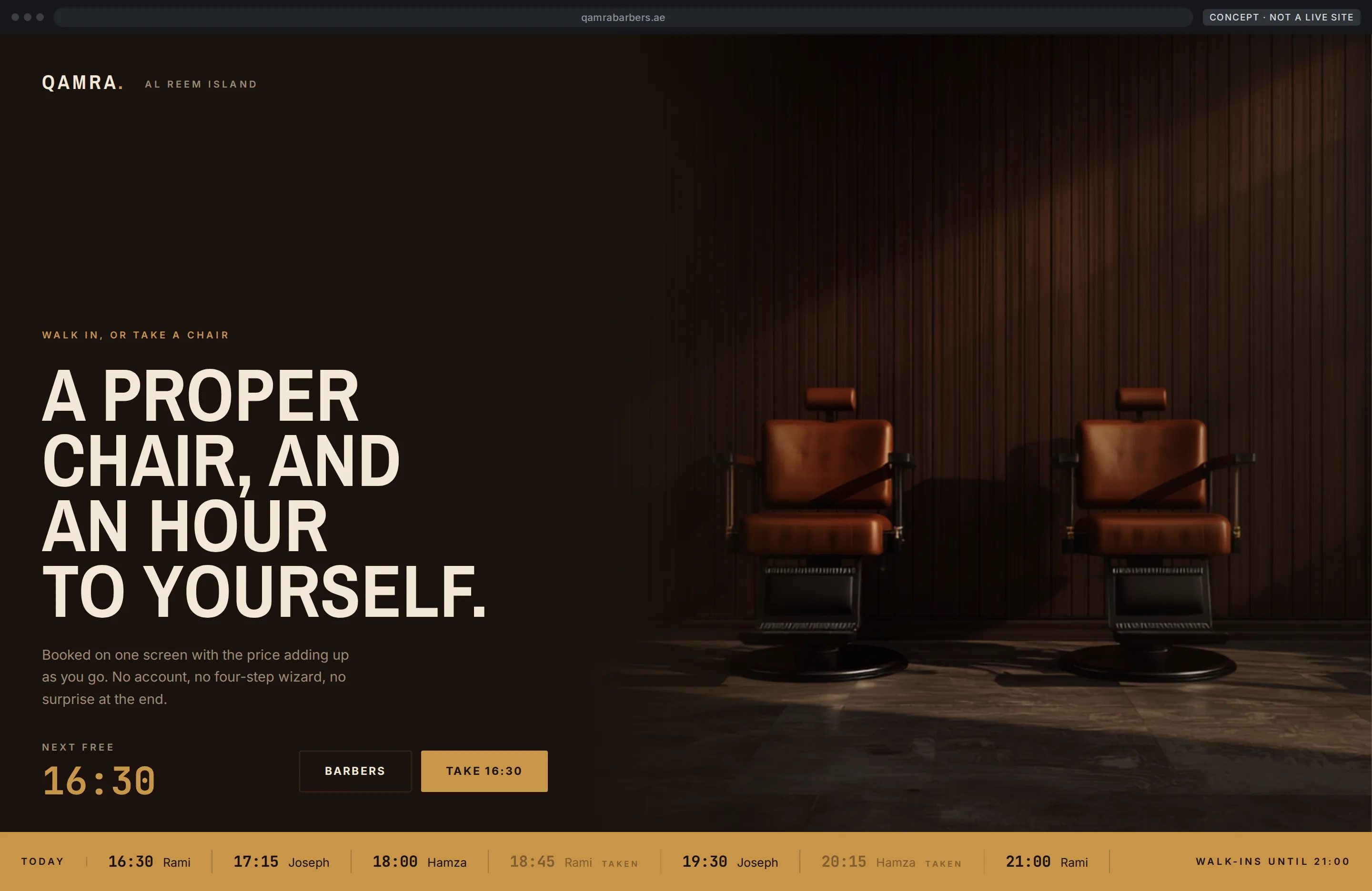 Concept barbershop homepage with the room on the right and today's slots as a ticker along the bottom