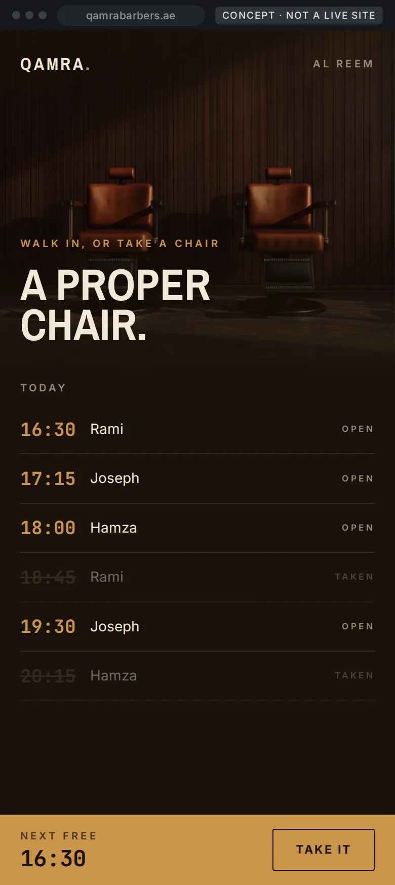 Concept mobile barbershop screen opening on the room with a pinned next-available bar