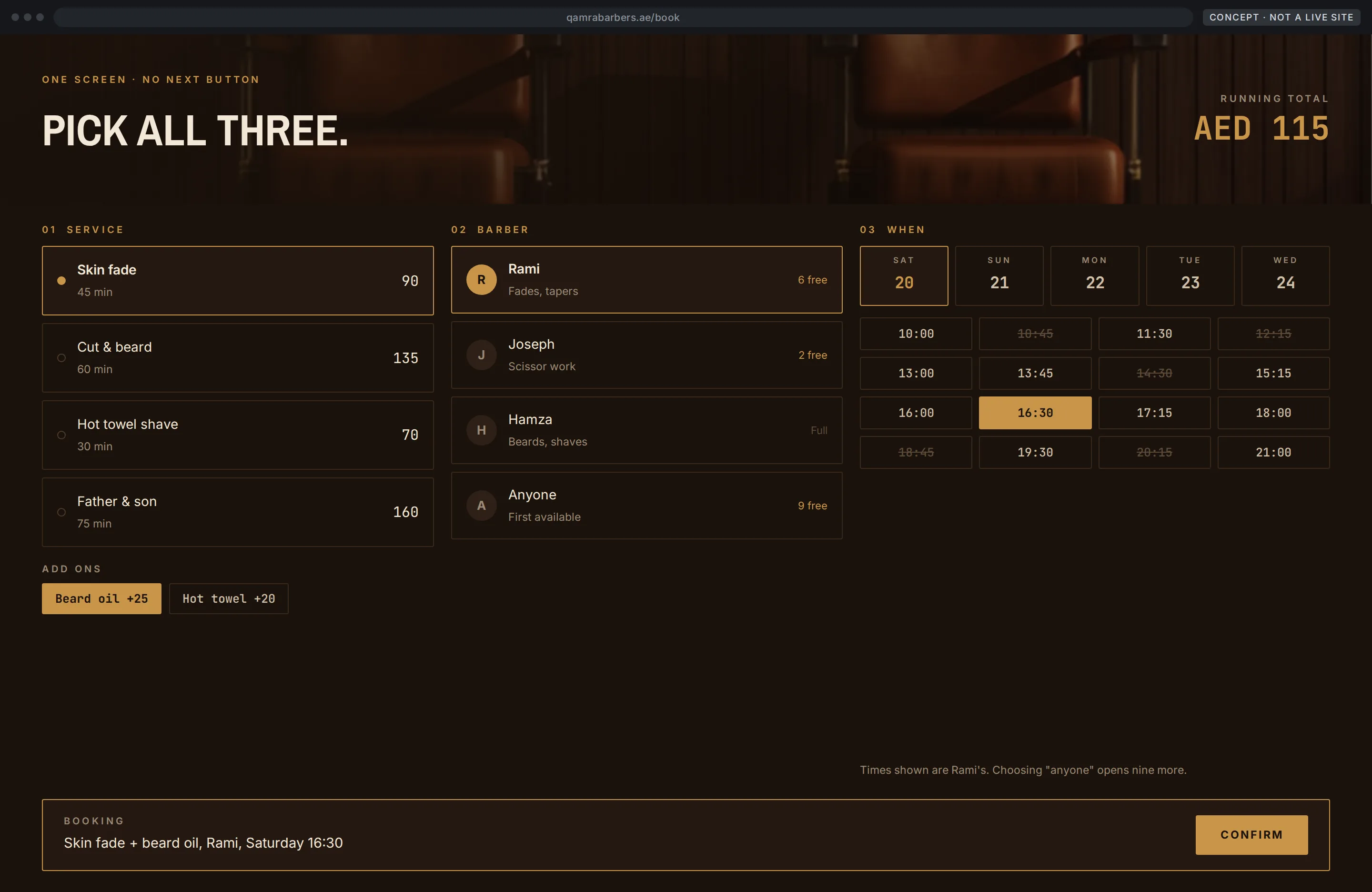 Concept booking screen with service, barber and time in one grid beneath a photographic banner