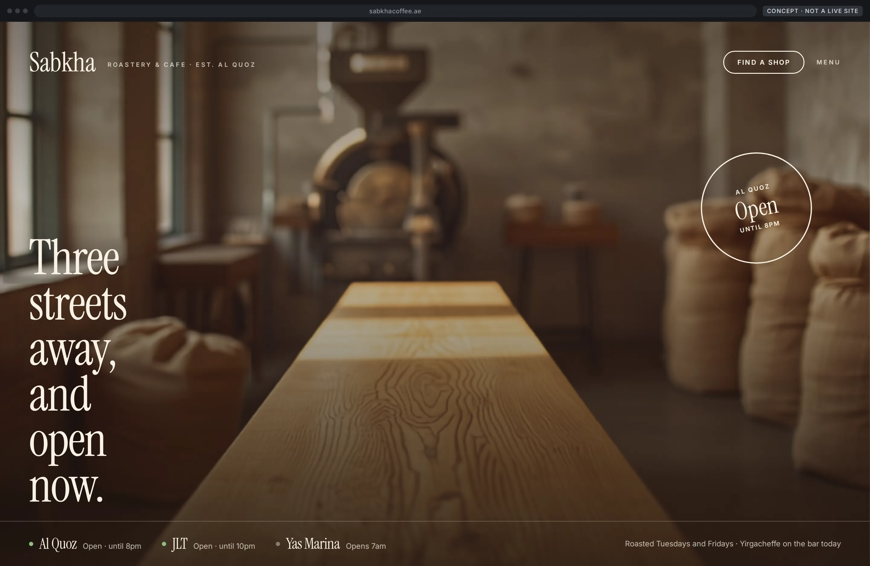 Concept coffee roastery homepage as a full-bleed poster with an open-now stamp