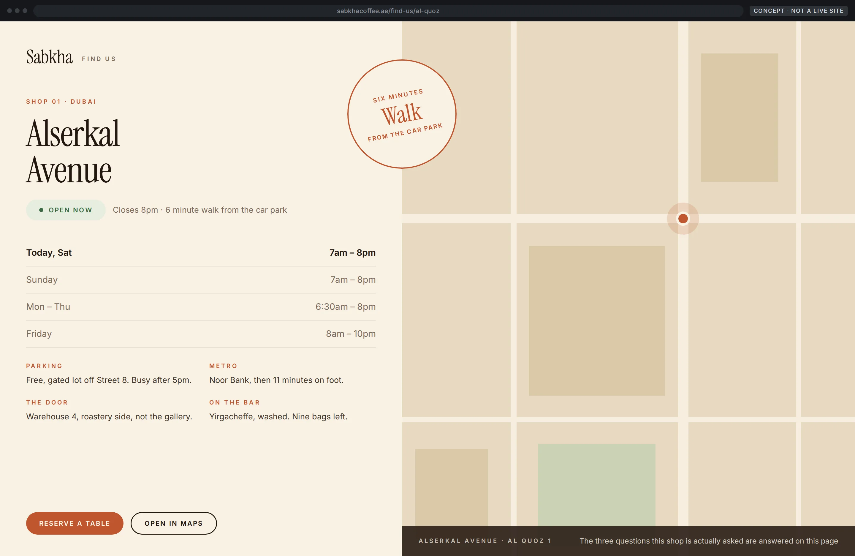 Concept location page with hours and directions beside a drawn street plan