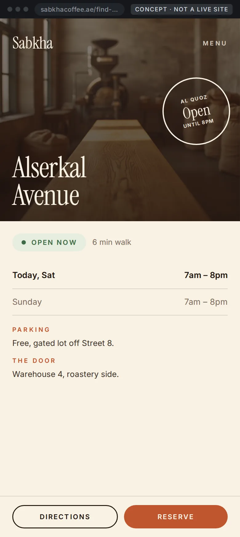 Concept mobile location page with an open-now stamp over the photograph