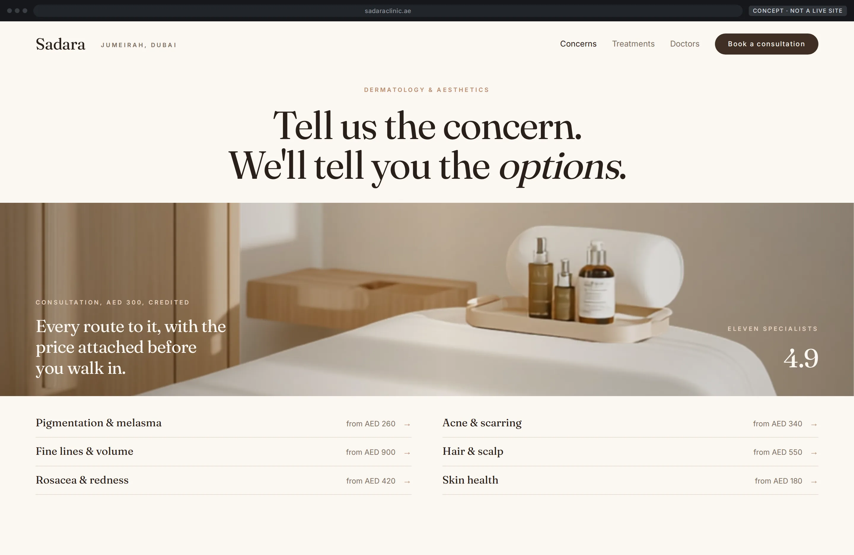 Concept clinic homepage with a full-width photograph of the treatment room across the middle