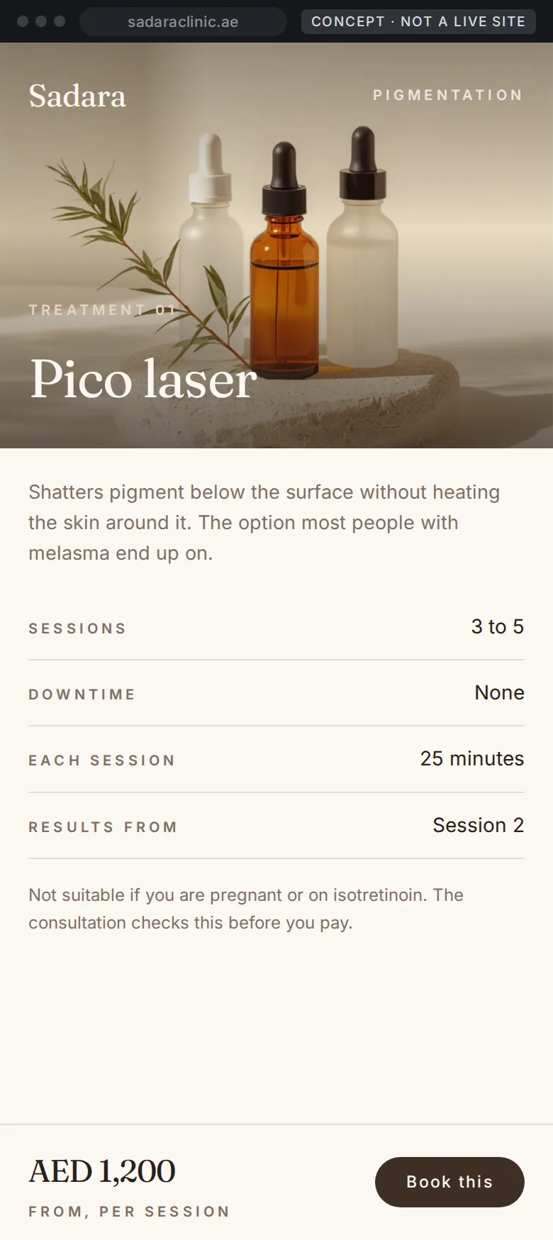 Concept mobile treatment page opening on a photograph with a pinned price and booking bar